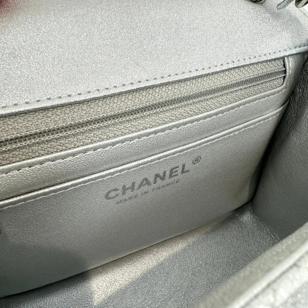 CHANEL Metallic Silver CC Logo Lambskin Quilted Mini Classic Flap Shoulder Bag